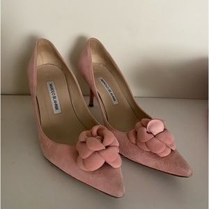 Manolo Blahnik BB Camelia Pink Suede Flower Pump
